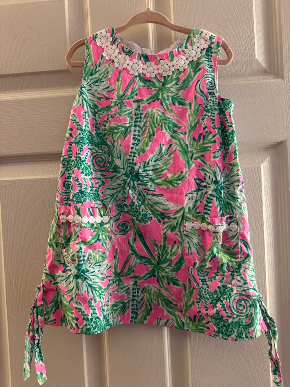 Lilly Pulitzer Pink & Green Palm-Print Shift Dress with Floral Trim